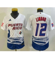 Youth Puerto Rico Baseball #12 Francisco Lindor 2023 White World Baseball Classic Stitched Jersey