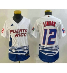 Youth Puerto Rico Baseball #12 Francisco Lindor 2023 White World Baseball Classic Stitched Jerseys