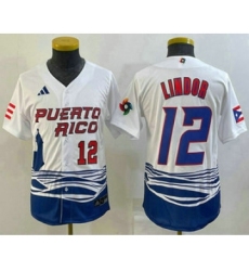 Youth Puerto Rico Baseball #12 Francisco Lindor Number 2023 White World Baseball Classic Stitched Jersey