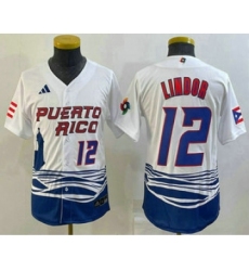 Youth Puerto Rico Baseball #12 Francisco Lindor Number 2023 White World Baseball Classic Stitched Jerseys