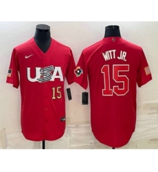 Men's USA Baseball #15 Bobby Witt Jr Number 2023 Red World Baseball Classic Stitched Jersey