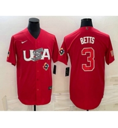 Men's USA Baseball #3 Mookie Betts 2023 Red World Classic Stitched Jersey