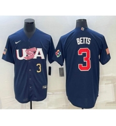 Men's USA Baseball #3 Mookie Betts Number 2023 Navy World Baseball Classic Stitched Jersey