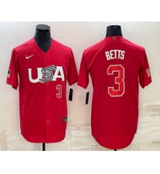 Men's USA Baseball #3 Mookie Betts Number 2023 Red World Classic Stitched Jersey