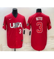 Men's USA Baseball #3 Mookie Betts Number 2023 Red World Classic Stitched Jerseys