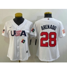 Women's USA Baseball #28 Nolan Arenado 2023 White World Classic Replica Stitched Jersey