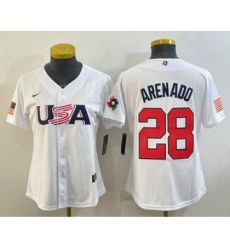 Women's USA Baseball #28 Nolan Arenado 2023 White World Classic Replica Stitched Jerseys