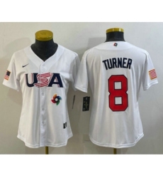 Women's USA Baseball #8 Trea Turner 2023 White World Classic Stitched Jersey