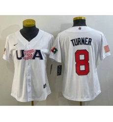 Women's USA Baseball #8 Trea Turner 2023 White World Classic Stitched Jerseys