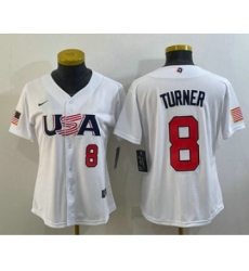 Women's USA Baseball #8 Trea Turner Number 2023 White World Classic Stitched Jerseys