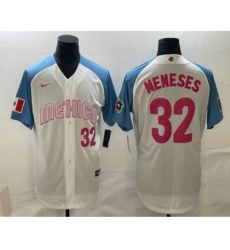 Men's Mexico Baseball #32 Joey Meneses Number 2023 White Blue World Classic Stitched Jersey