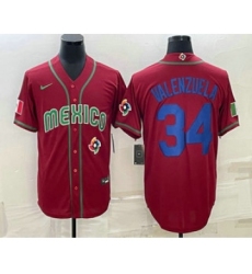 Men's Mexico Baseball #34 Fernando Valenzuela 2023 Red Blue World Baseball Classic Stitched Jersey