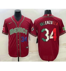 Men's Mexico Baseball #34 Fernando Valenzuela Number 2023 Red Blue World Baseball Classic Stitched Jersey