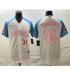 Men's Mexico Baseball #34 Fernando Valenzuela Number 2023 White Blue World Classic Stitched Jersey2