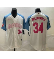 Men's Mexico Baseball #34 Fernando Valenzuela Number 2023 White Blue World Classic Stitched Jersey