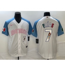 Men's Mexico Baseball #7 Julio Urías 2023 White Blue World Baseball Classic Stitched Jersey