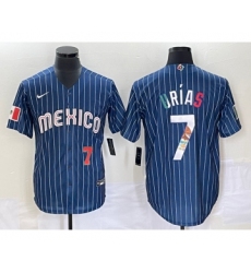 Men's Mexico Baseball #7 Julio Urias 2023 Navy Blue Pinstripe World Baseball Classic Stitched Jersey