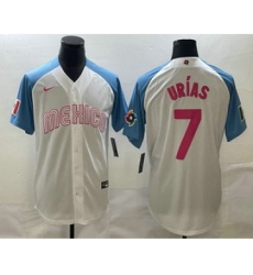 Men's Mexico Baseball #7 Julio Urias 2023 White Blue World Classic Stitched Jerseys