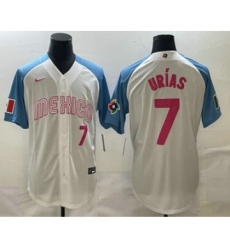 Men's Mexico Baseball #7 Julio Urias Number 2023 White Blue World Classic Stitched Jersey