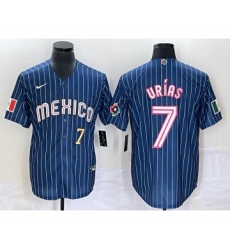 Men's Mexico Baseball #7 Julio Urias Number Navy Blue Pinstripe 2020 World Series Cool Base Nike Jersey 1