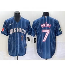 Men's Mexico Baseball #7 Julio Urias Number Navy Blue Pinstripe 2020 World Series Cool Base Nike Jersey2