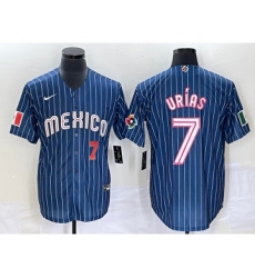 Men's Mexico Baseball #7 Julio Urias Number Navy Blue Pinstripe 2020 World Series Cool Base Nike Jersey3