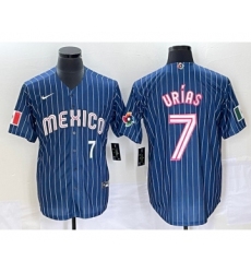 Men's Mexico Baseball #7 Julio Urias Number Navy Blue Pinstripe 2020 World Series Cool Base Nike Jersey4