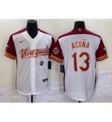 Men's Venezuela Baseball #13 Ronald Acuna Jr 2023 White Red World Classic Stitched Jersey