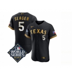 Men's Texas Rangers #5 Corey Seager Black Gold 2023 World Series Flex Base Stitched Baseball Jersey