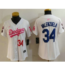 Women's Los Angeles Dodgers #34 Toro Valenzuela Number White Pink With Limited Stitched Jersey