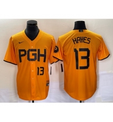 Men's Nike Pittsburgh Pirates #13 KeBryan Hayes Number Gold 2023 City Connect Stitched Jersey1