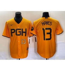 Men's Nike Pittsburgh Pirates #13 KeBryan Hayes Number Gold 2023 City Connect Stitched Jersey2