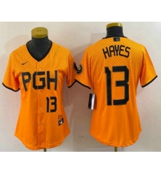 Women's Pittsburgh Pirates #13 KeBryan Hayes Number Yellow 2023 City Connect Stitched Jersey1