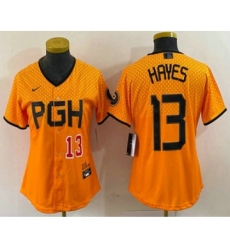 Women's Pittsburgh Pirates #13 KeBryan Hayes Number Yellow 2023 City Connect Stitched Jersey2