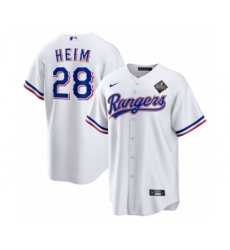 Men's Texas Rangers #28 Jonah Heim 2023 White World Series Stitched Baseball Jersey