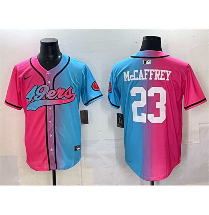 Men's San Francisco 49ers #23 Christian McCaffrey Pink Blue Limited Stitched Baseball Jersey