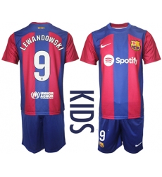 Youth Barcelona #9 Lewandowski Blue Red 2023-24 Home Soccer Jersey