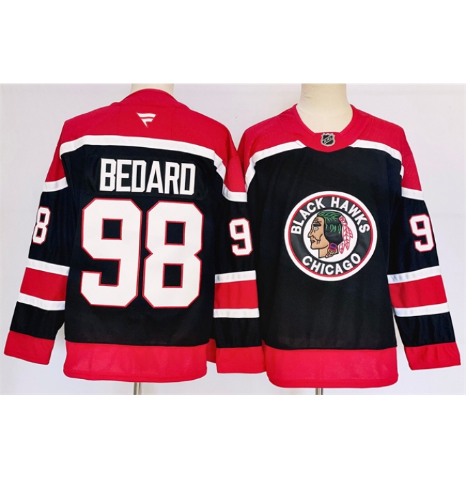 Men's Chicago Blackhawks #98 Connor Bedard Black 2024-25 Stitched Hockey Jersey