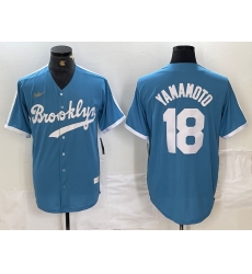 Men's Brooklyn Dodgers #18 Yoshinobu Yamamoto Light Blue Cooperstown Collection Cool Base Jersey