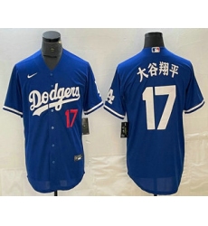 Men's Los Angeles Dodgers #17 Shohei Ohtani Blue Japanese Name Player Number Cool Base Jersey