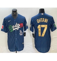 Men's Los Angeles Dodgers #17 Shohei Ohtani Mexico Blue Gold Pinstripe Cool Base Stitched Jerseys