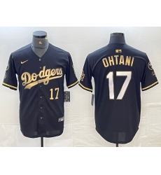 Men's Los Angeles Dodgers #17 Shohei Ohtani Number Black Gold Stitched Cool Base Nike Jersey