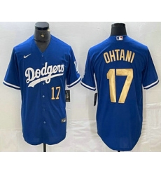 Men's Los Angeles Dodgers #17 Shohei Ohtani Number Blue Gold Stitched Cool Base Nike Jersey