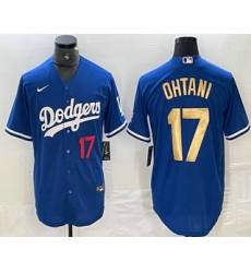 Men's Los Angeles Dodgers #17 Shohei Ohtani Number Blue Gold Stitched Cool Base Nike Jerseys