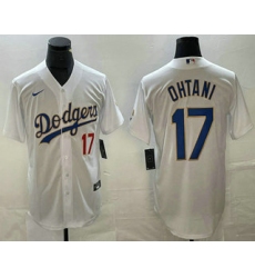 Men's Los Angeles Dodgers #17 Shohei Ohtani Number White Gold Championship Stitched Cool Base Nike Jersey