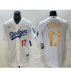 Men's Los Angeles Dodgers #17 Shohei Ohtani Number White Gold Stitched Cool Base Nike Jersey