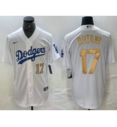 Men's Los Angeles Dodgers #17 Shohei Ohtani Number White Gold Stitched Cool Base Nike Jerseys