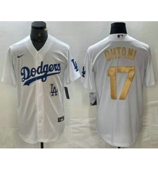 Men's Los Angeles Dodgers #17 Shohei Ohtani White Gold Stitched Cool Base Nike Jersey