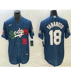 Men's Los Angeles Dodgers #18 Yoshinobu Yamamoto Number Navy Blue Pinstripe Mexico 2020 World Series Cool Base Nike Jersey1