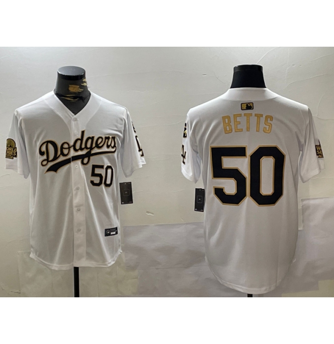 Men's los angeles dodgers #50 mookie betts white gold 2024 world series with fernando memorial limited stitched baseball jersey